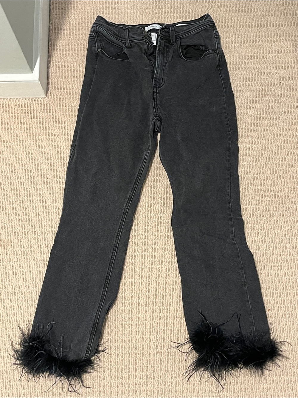 Forever 21 Black Straight-Leg Jeans with Feather Trim